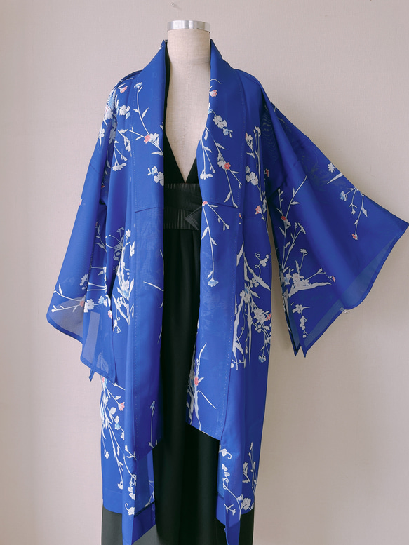 着物リメイク 変形袖 シースルーカーディガン 絽 羽織 着物風 和装 衣装 演奏会 和柄 シアー 衣装 青 フリーサイズ 7枚目の画像
