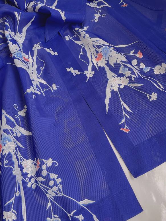 着物リメイク 変形袖 シースルーカーディガン 絽 羽織 着物風 和装 衣装 演奏会 和柄 シアー 衣装 青 フリーサイズ 8枚目の画像