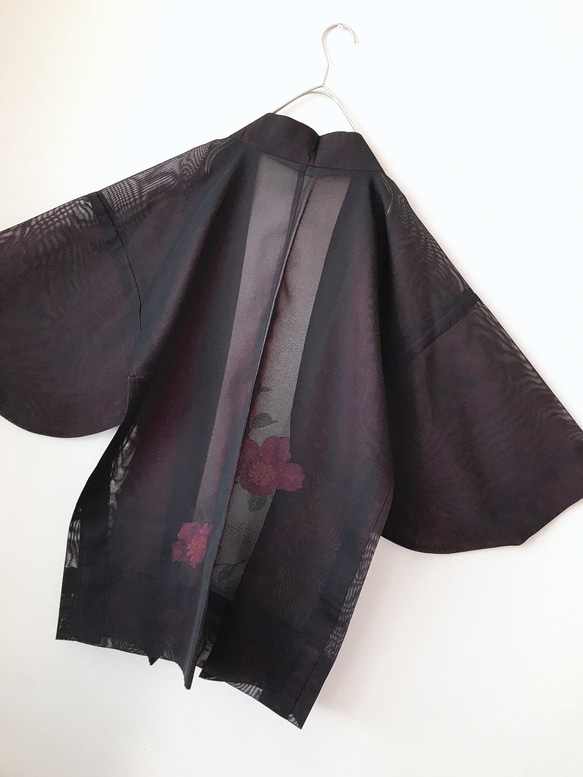 コロンと袖の羽織 シースルーカーディガン 羽織 着物風 和装 衣装 催事 黒×赤 男女兼用 フリーサイズ（16） 2枚目の画像