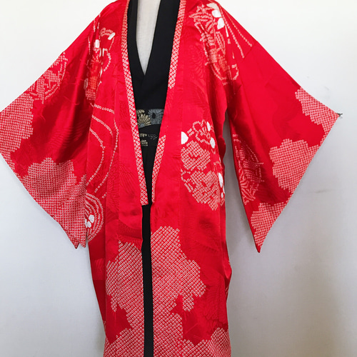 着物リメイク 鶴と絞りの変形袖カーディガン 羽織 着物風 和装 和柄