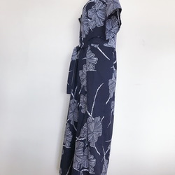 浴衣リメイク カシュクールデザイン ロングワンピース ベルト付 花柄 紺色 M〜LL (A702) 5枚目の画像