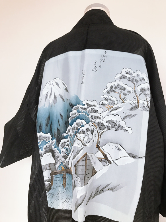 着物リメイク  背中に風景画 シースルー 長羽織 和コート ロングカーディガン シアー 和装 ダーク系（807） 3枚目の画像