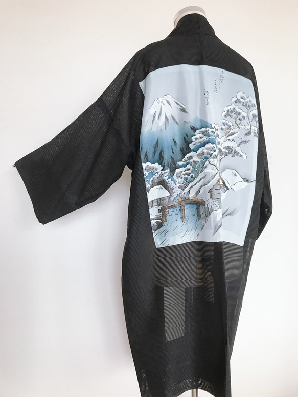 着物リメイク  背中に風景画 シースルー 長羽織 和コート ロングカーディガン シアー 和装 ダーク系（807） 4枚目の画像