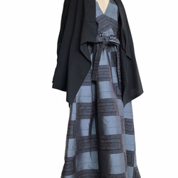 一枚で大人キレイワンピース 着物リメイク カシュクールデザイン ロングワンピース 紬 縞 紺色 S〜LL (A802) 3枚目の画像