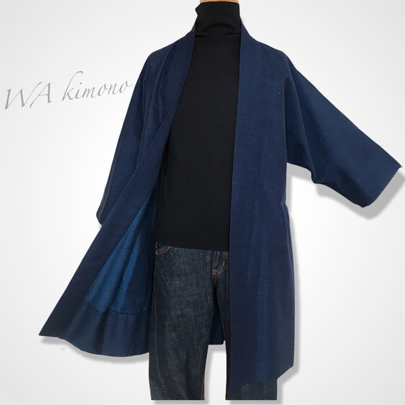 着物リメイク 男性 長羽織 ロング羽織 ハーフ 濃紺色 亀甲 和装 着物風  