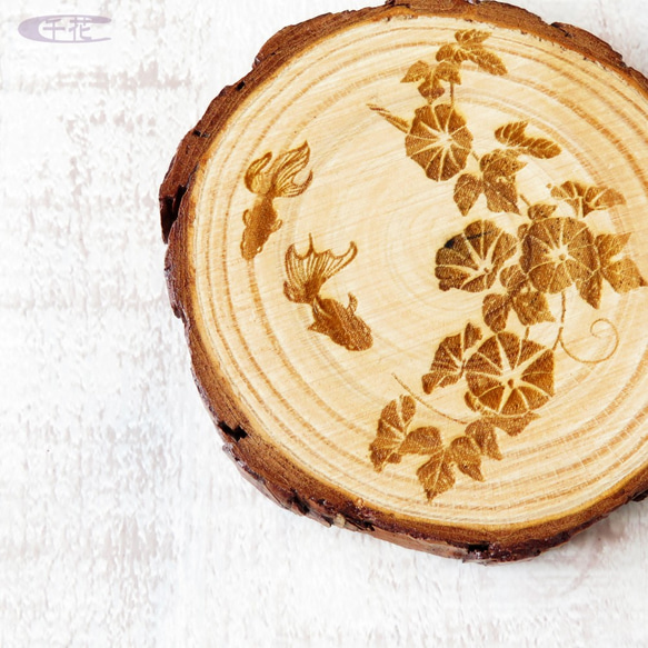 木製切り株コースター＊金魚とアサガオ A［C04033-3］ 2枚目の画像