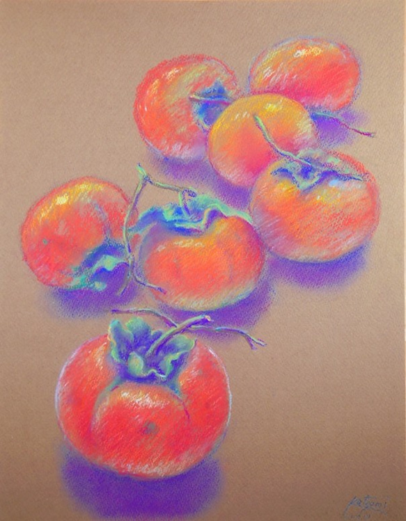 パステル画　柿 柿七つ（パステル画） 絵画 中井 克美 通販 2782248｜Creema