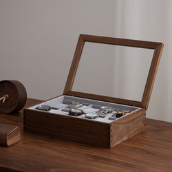 グラス付きのデザイン 木製腕時計収納ボックス ウオルナットウッド　 6枚目の画像
