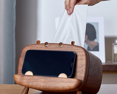 2way木製ティッシュボックスケース&スマホスタンド ウオルナットウッド