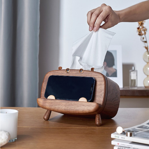 2way木製ティッシュボックスケース&スマホスタンド ウオルナットウッド