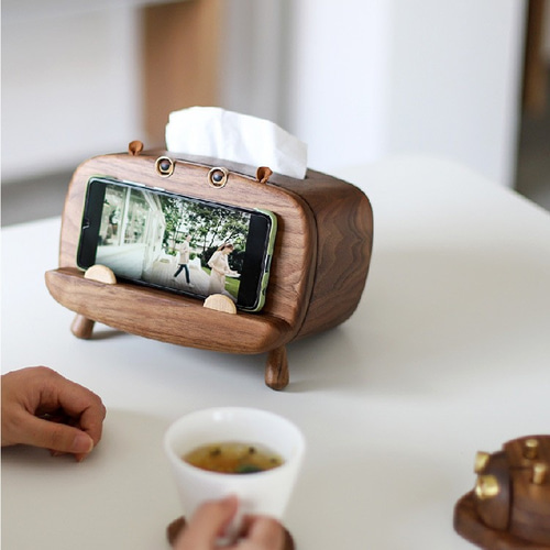 2way木製ティッシュボックスケース&スマホスタンド ウオルナットウッド
