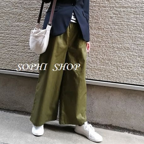 クールでスタイリッシュ♥カーキ』コットン・ワイドパンツ【M～4L