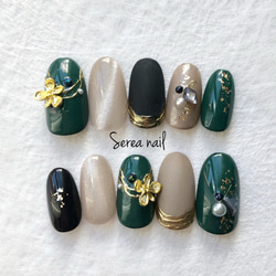 ネイルチップ 成人式 緑 ニュアンス フルオーダーネイル オーダーネイル ネイルチップ［深緑×グレー］成人式.和装 ネイルチップ（つけ爪