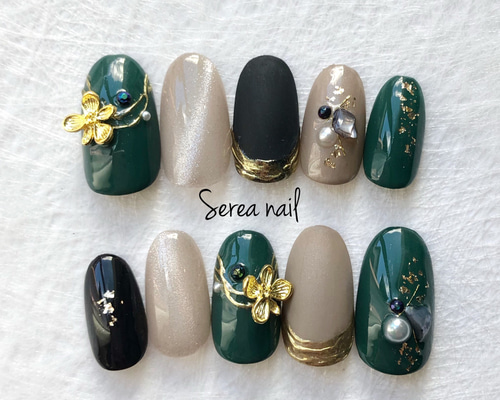 ネイルチップ［深緑×グレー］成人式.和装 ネイルチップ（つけ爪