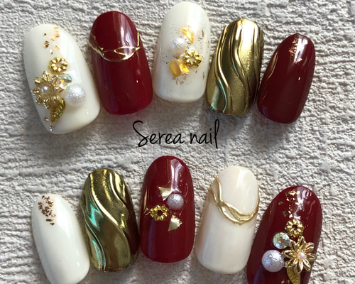 和装ネイルチップ♡【赤】成人式.卒業式.結婚式 ネイルチップ（つけ爪