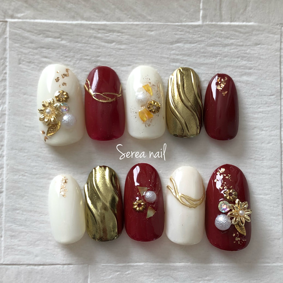 和装ネイルチップ♡【赤】成人式.卒業式.結婚式 ネイルチップ（つけ爪  