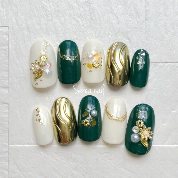 淡色緑のネイルチップ 成人式ネイルチップ 和装 振袖ネイル 袴ネイル 結婚式 和装ネイルチップ♡【緑】成人式.卒業式.結婚式 ネイルチップ