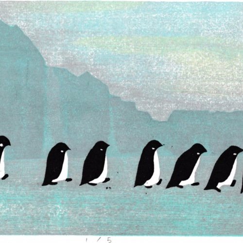 木版画 『PENGUINSー出勤ー』 版画 木葉悦 通販 2781470｜Creema