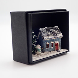 小箱のアート　雪だるまと小さなおうち（ブルー）１　Sold Out 4枚目の画像