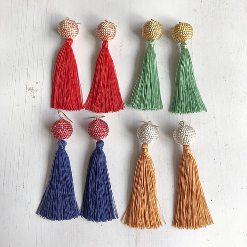 再販✳︎一つ絹玉のタッセルピアス／イヤリング-オータムカラー 