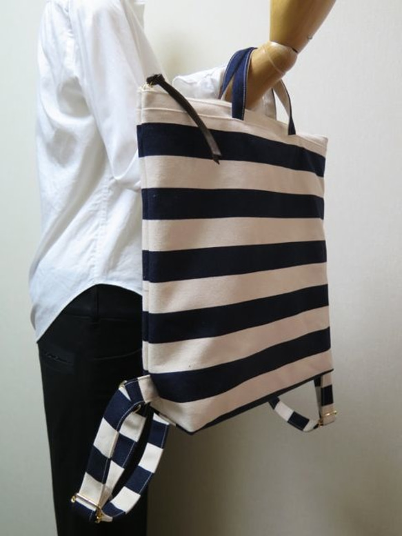 sold out☆ボーダー柄帆布リュックサック☆navy×natural×gold 3枚目の画像