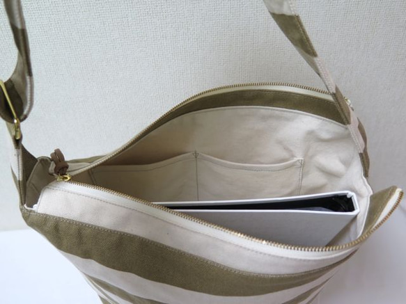 sold out☆ワイドボーダー帆布斜め掛けショルダーバック☆beige×ivory 5枚目の画像