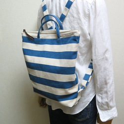 sold out☆ワイドボーダー帆布リュックサック☆blue&ivory 2枚目の画像