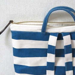 sold out☆ワイドボーダー帆布リュックサック☆blue&ivory 4枚目の画像