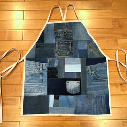 デニム☆パッチワーク・エプロン☆カフェエプロン 前掛け リメイク