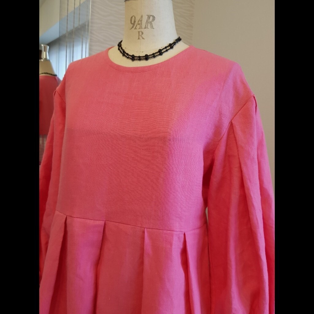 バルーンフラワー リネンワンピース リネンタックワンピース バルーン袖ワンピース