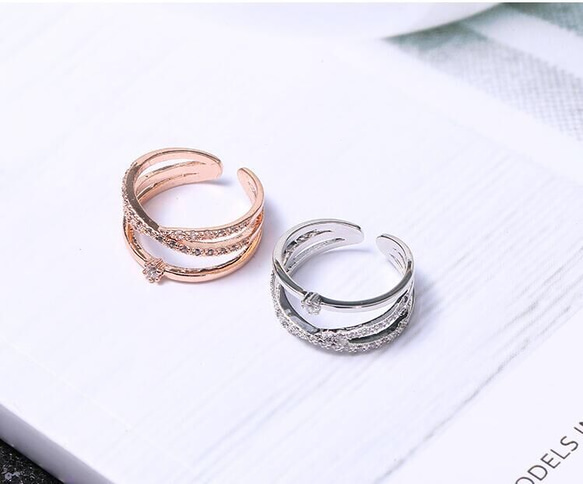 ☞金属アレ対応★9号～20号♥ジルコニア※フリーサイズ リング★ 3連 指輪 ピンクゴ－ルド 4枚目の画像