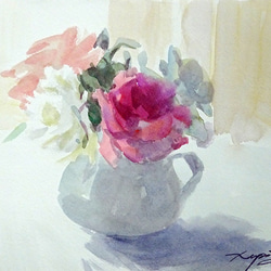花絵画 透明水彩画 花瓶に差したカーネーション 原画 花絵画 透明水彩画 花瓶に差したカーネーション 原画 花絵画