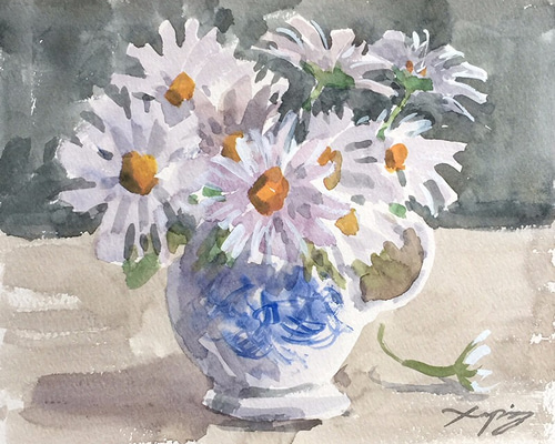 水彩画 原画 白い花と瓶 水彩画（手書きの原画）鈴蘭の花と花瓶、A4サイズ - メルカリ