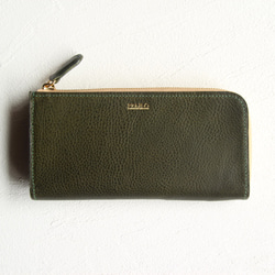 tocon(グリーン）職人が手縫いで仕立てたL字ファスナー長財布/イタリア産ミネルバボックスとブッテーロレザーを使用。 1枚目の画像