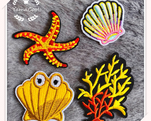 J11】可愛い刺繍ワッペン ☆4枚 海底の世界 かいそう 貝殻