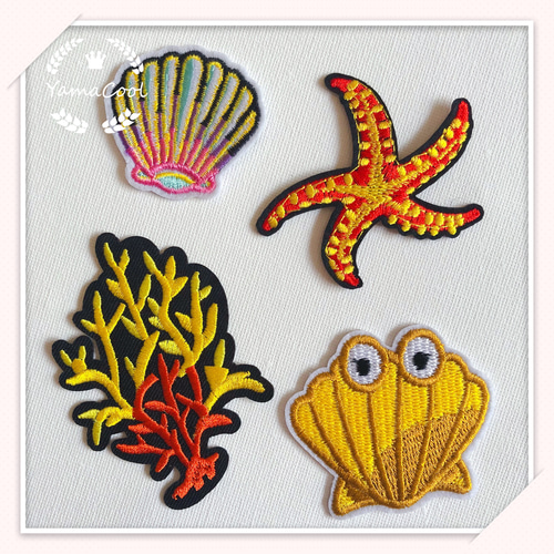 刺繍ワッペン6枚 J11】可愛い刺繍ワッペン ☆4枚 海底の世界 かいそう 貝殻