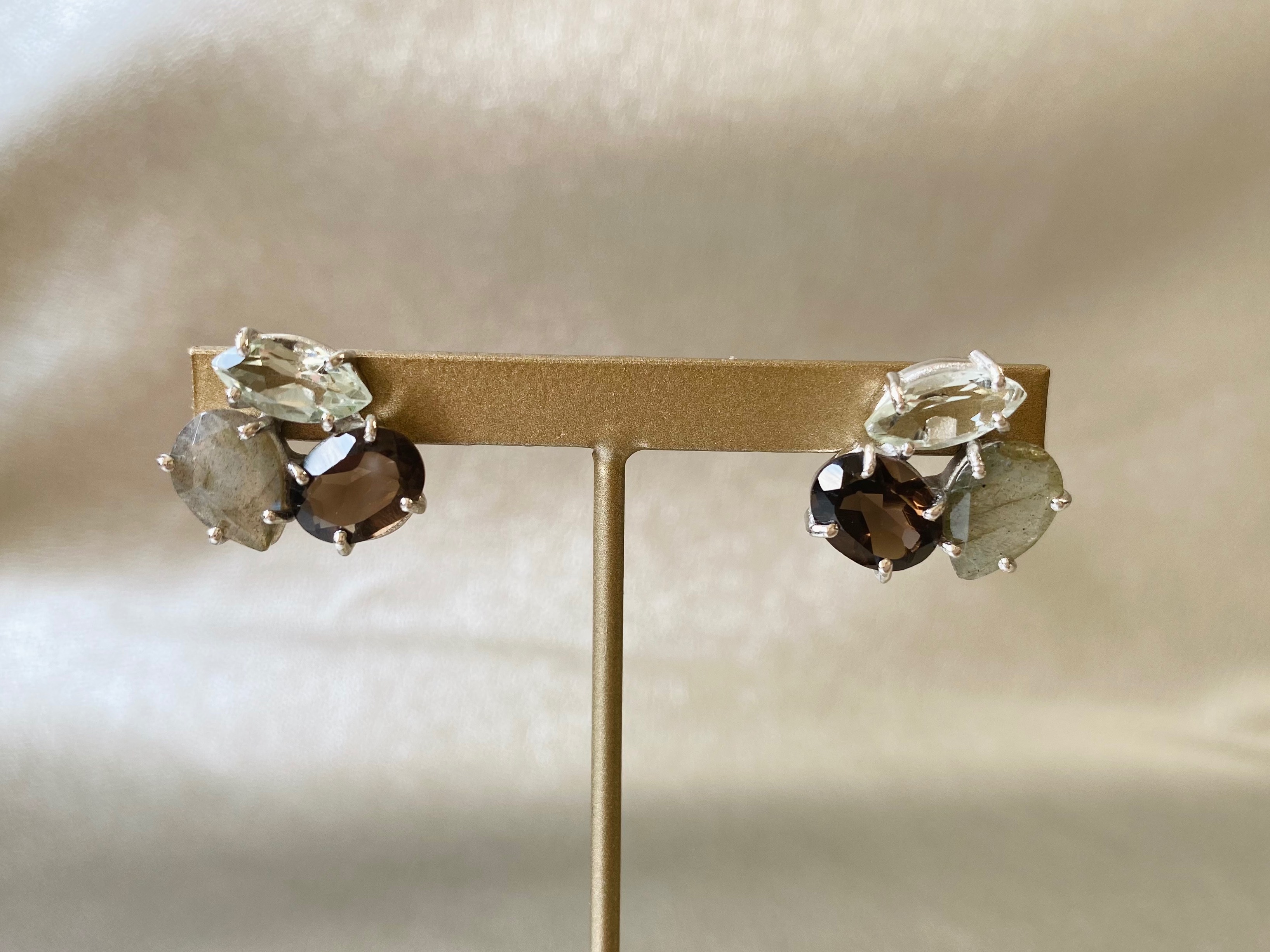 《SV925＋ロジウムコーティング》天然石ピアス◇スモーキークォーツ◇グリーンアメジスト◇ラブラドライト