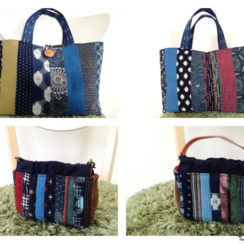 母の日セット】藍染・絣のパッチワークトートバッグ＆ポーチ Bセット