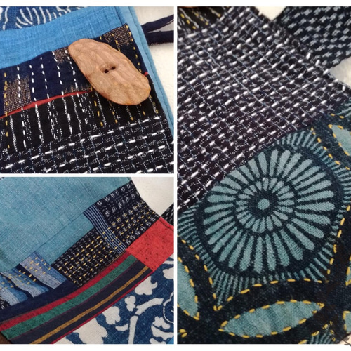 古布のパッチワーク刺し子トートバッグ(絣・型染・和木綿・帆布