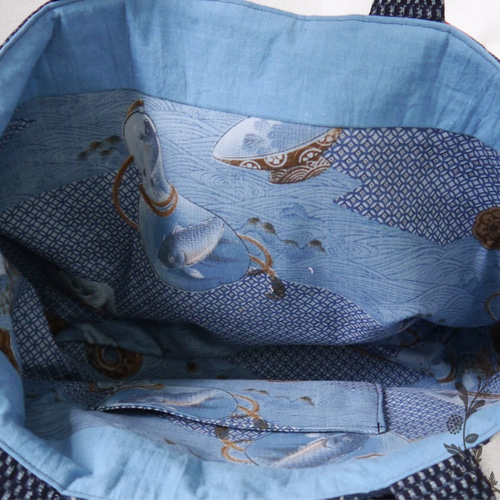 筒描き　古布　牡丹刺し子　絣　型染め　パッチワーク藍染木綿前開きワンピースパフ袖