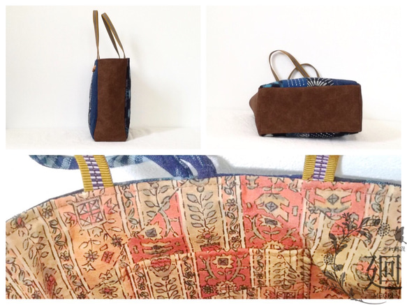 古布のパッチワーク刺し子ミニトートバッグ(着物リメイク　絣・型染・和木綿・帆布) 4枚目の画像