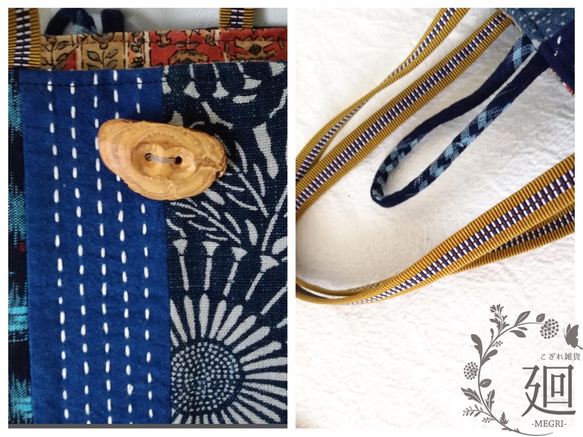 古布のパッチワーク刺し子ミニトートバッグ(着物リメイク　絣・型染・和木綿・帆布) 5枚目の画像