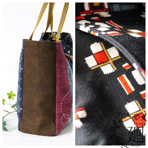 古布のパッチワーク刺し子ミニトートバッグC(絣・型染・和木綿・帆布