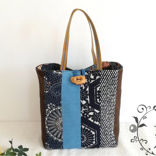 古布 藍染 絣 酒袋 長財布 本革 藍染め 絞りラウンド長財布 |