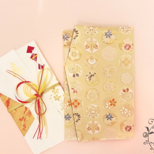 金封袱紗(ふくさ) (金襴 花水玉 ゴールド） ご祝儀袋・袱紗