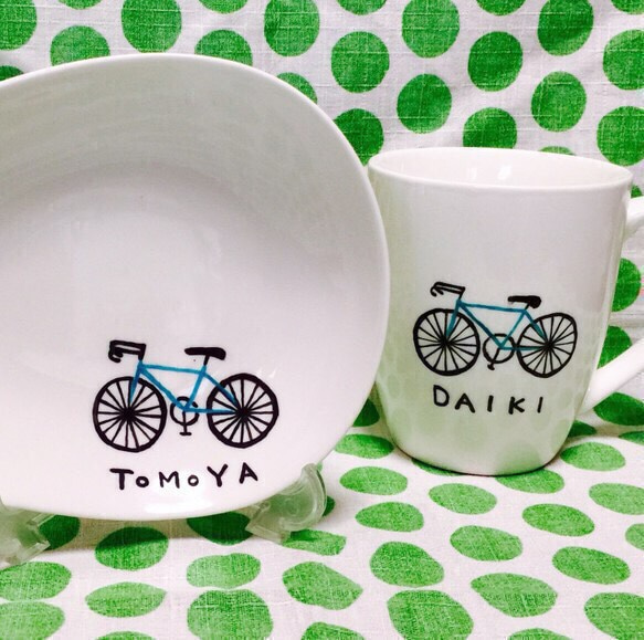 自転車マグ&お皿セット〜名入れOK・お好きな色で作ります 5枚目の画像
