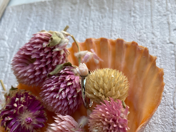 宝石珊瑚・花彫刻ファッションリング・フリーサイズ【淡いピンク】 4枚目の画像