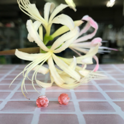 さくらカラー・宝石珊瑚・flower彫刻・チタンピアス 5枚目の画像