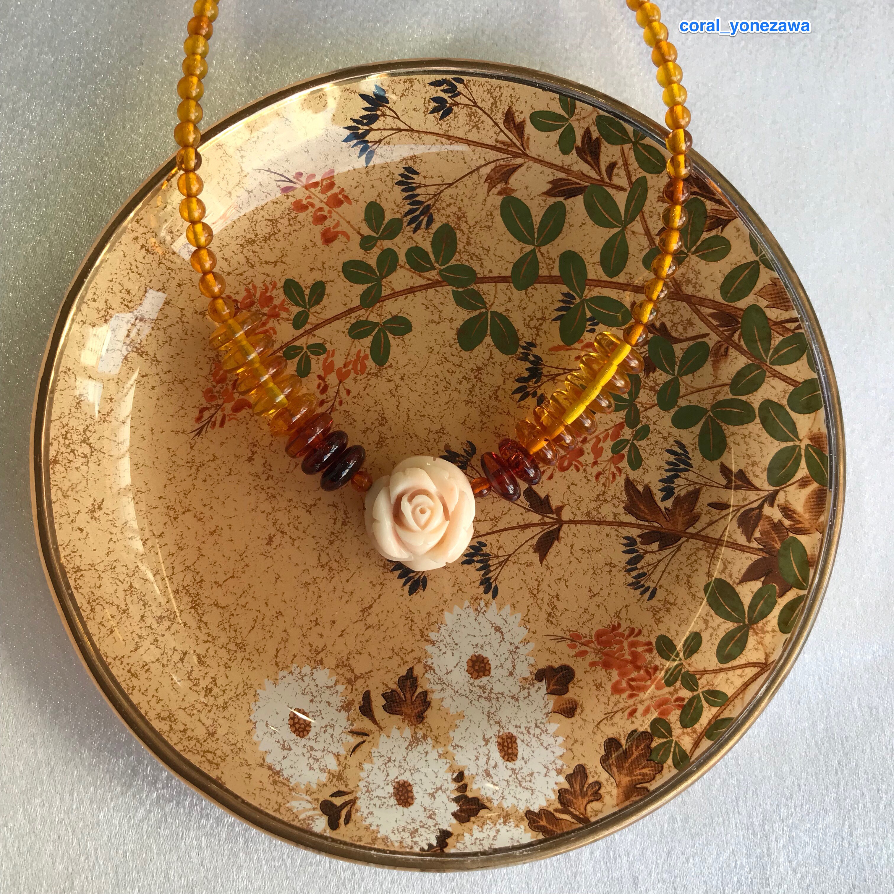 【一品物】アンバー・コーラル・ローズ・オリジナルデザインネックレス