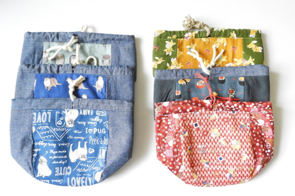 可愛索繩袋, 貓頭鷹收納袋, 波波索繩袋, 拉繩袋, 藍色拼布束口袋, 小化妝包 第5張的照片
